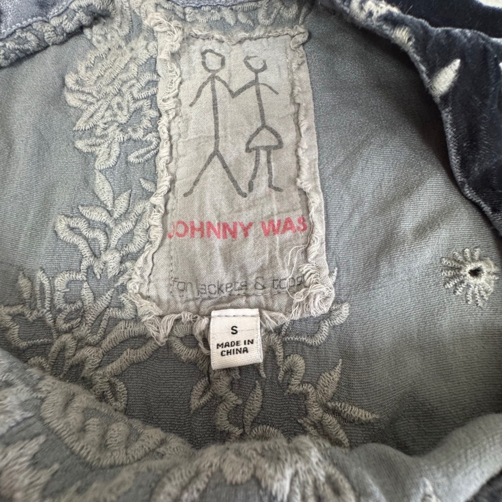 Johnny Was Velvet Blouse Sz S Embroidered Luxury Silk Blend Boho Top Blue Gray - Picture 6 of 10